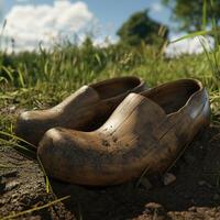 Clogs resting on the ground amidst fresh grass and soil photo