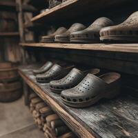 Clogs displayed on rustic wooden shelves in a cozy shop setting photo