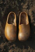 Clogs resting on a dirt surface after a long day of work photo