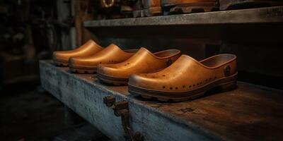 Clogs arranged neatly on a wooden shelf in a rustic workshop photo