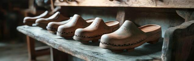 Wooden clogs on display in a rustic workshop setting photo