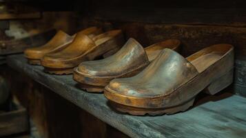 Wooden clogs displayed on a shelf in a rustic setting photo