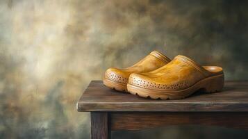 Wooden clogs resting on a rustic table with a soft background photo