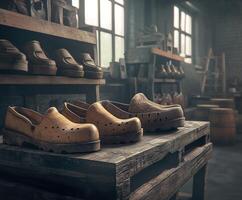 Traditional wooden clogs displayed in a rustic workshop setting photo