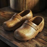 Handcrafted wooden clogs displayed on rustic wooden surface photo