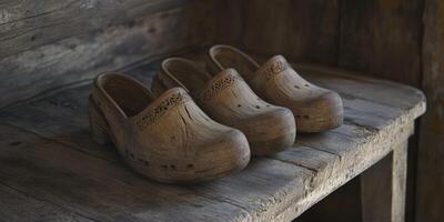 Handcrafted wooden clogs displayed on rustic wooden bench photo