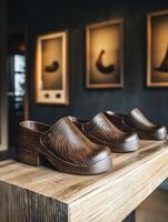 Elegant wooden clogs displayed in a modern gallery setting photo