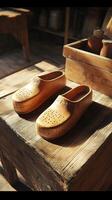 Beautiful handcrafted wooden clogs displayed in a rustic setting photo