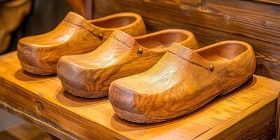Wooden clogs displayed on a rustic wooden shelf in a workshop photo