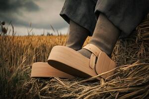 Wooden clogs resting under a cloudy sky in a golden field photo