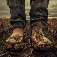 Footwear worn in muddy field during overcast day photo