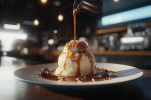 A person is pouring caramel sauce over ice cream photo