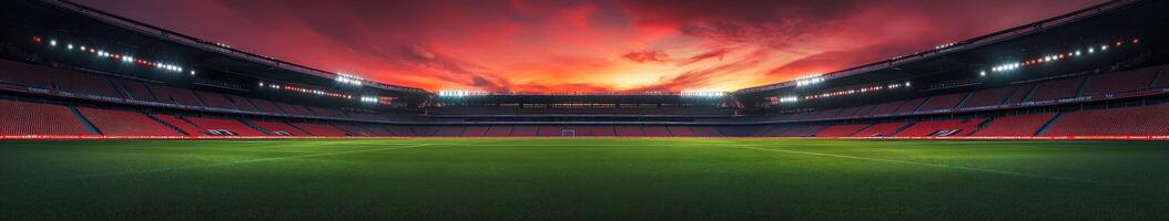 Stadium at dusk with vibrant sky and illuminated seating areas photo