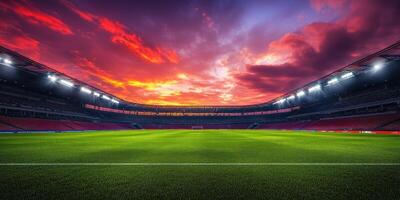 Stadium illuminated by vibrant sunset sky during an evening event photo