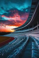 Beautiful sunset over a stadium with empty stands and vibrant skies photo