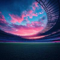 Vibrant sunset view over the stadium with lush green field photo