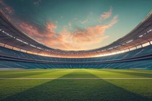 Stadium under vibrant sunset sky with well-maintained green field photo