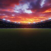 Stadium at sunset under dramatic clouds with stadium lights glowing photo