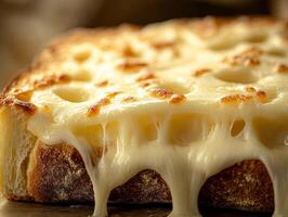 A piece of bread with melted cheese on it photo