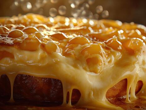 A close up of a cake with melted cheese and syrup photo
