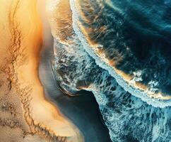 An aerial view of the ocean and sand photo