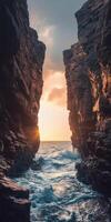 Sunrise between rugged cliffs photo
