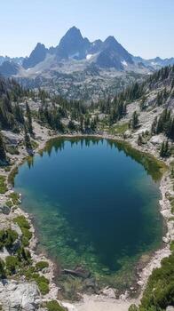Serene alpine lake surrounded by mountains photo
