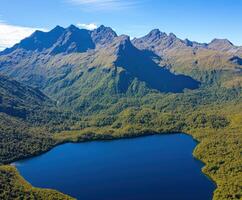 Majestic mountains and serene lake photo