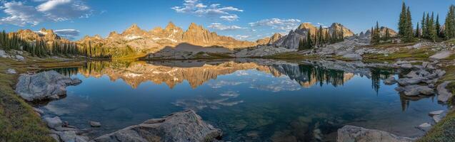 Mountain reflections in a serene lake photo