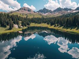 A lake surrounded by mountains and trees photo