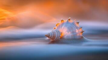 A shell is sitting in the water at sunset photo