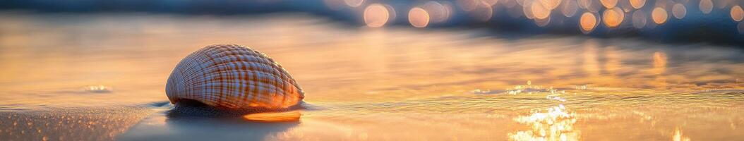A shell is sitting on the beach at sunset photo