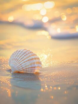 Seashell resting on warm sand photo