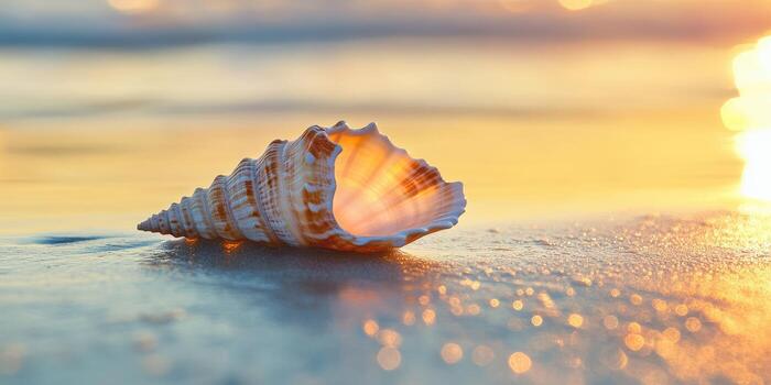 A shell on the beach at sunset photo