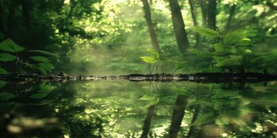 Calm reflection in a misty forest photo