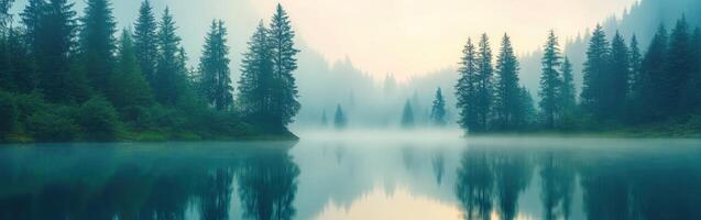 Misty forest by serene lake photo