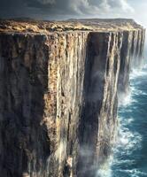 A large cliff with water and a dark sky photo