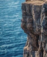 A lone lion standing on a cliff overlooking the ocean photo