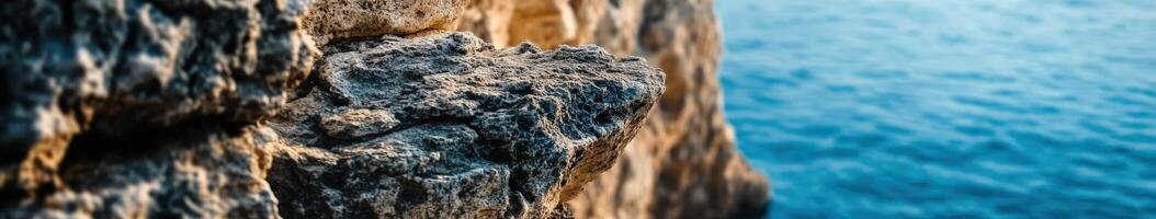 A rock cliff with water in the background photo