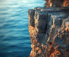 Rocky cliff overlooking calm water photo