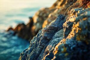 Rocky coast glistens at sunset photo