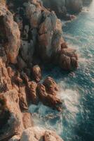 A rocky coastline with waves crashing against it photo
