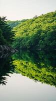 Lush green reflections by the lake photo