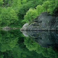 Calm lake reflecting lush trees photo