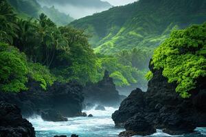 Lush tropical landscape by the coast photo