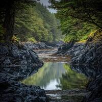 Tranquil river through lush forest photo