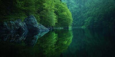Serene green lake reflections photo