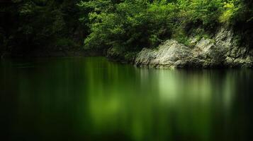 Serene green lake surrounded by rocks photo