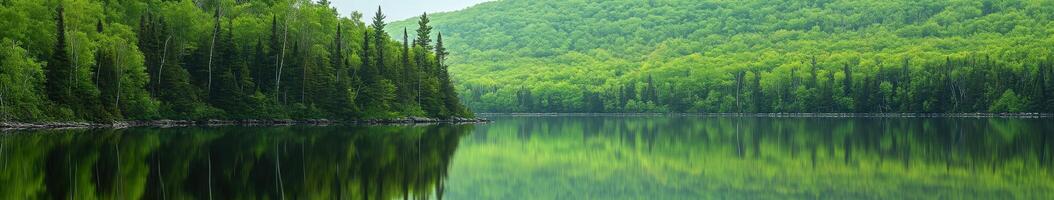 Serene lake surrounded by mountains photo
