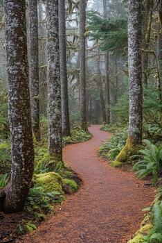 Serene forest path in misty woods photo